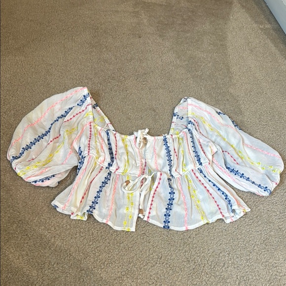 By Together Yellow and Blue Puff Sleeve Blouse - Picture 1 of 5